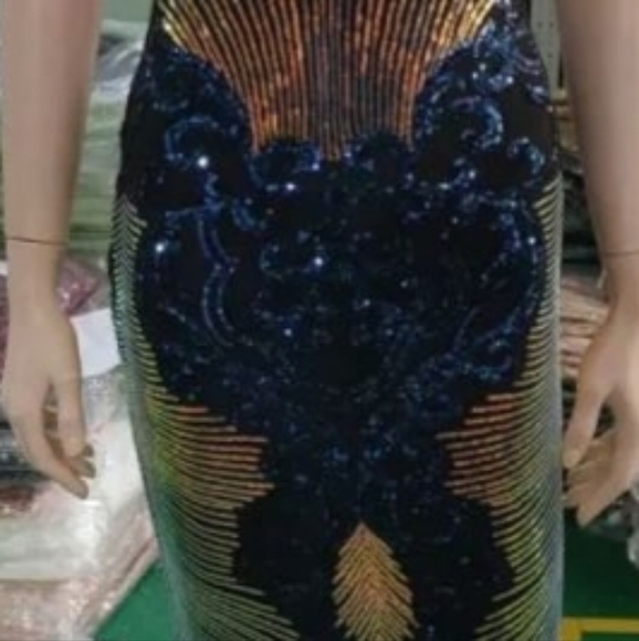 Navy, Floral, Beaded,  V Neck, Round Back,  Sleeveless,  Sequined Mermaid Gown - Picture 14 of 16